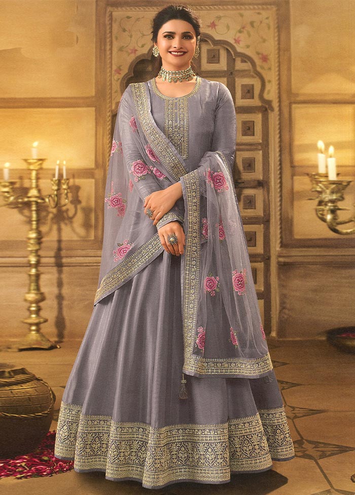 3 Pc Purple Semi Stitched Silk Suit Set