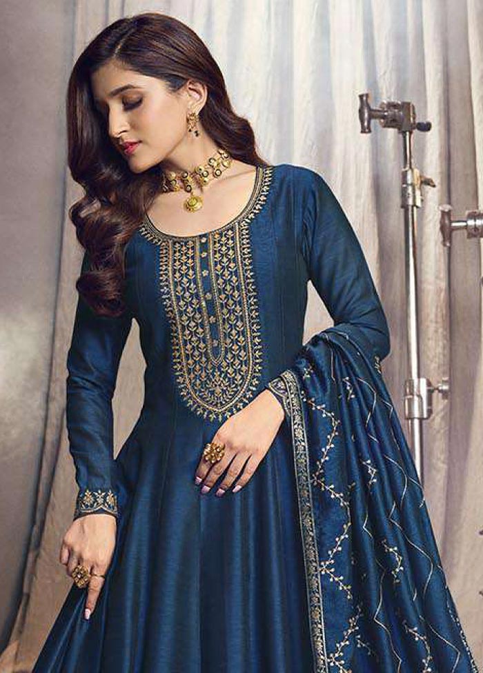 3 Pc Blue Semi Stitched Silk Suit Set