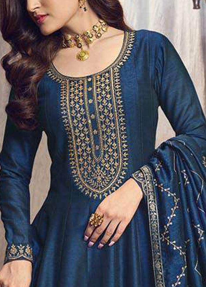 3 Pc Blue Semi Stitched Silk Suit Set