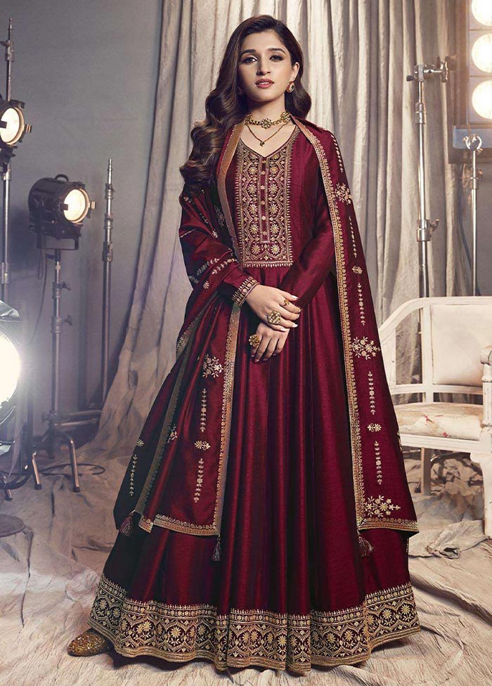 3 Pc Maroon Semi Stitched Silk Suit Set