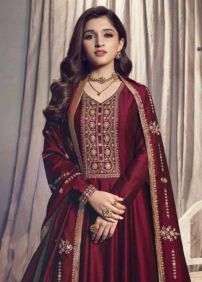 3 Pc Maroon Semi Stitched Silk Suit Set