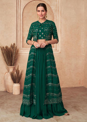 3 Pc Green Semi Stitched Silk Suit Set