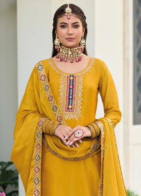 3 Pc Mustard Semi Stitched Georgette Suit Set