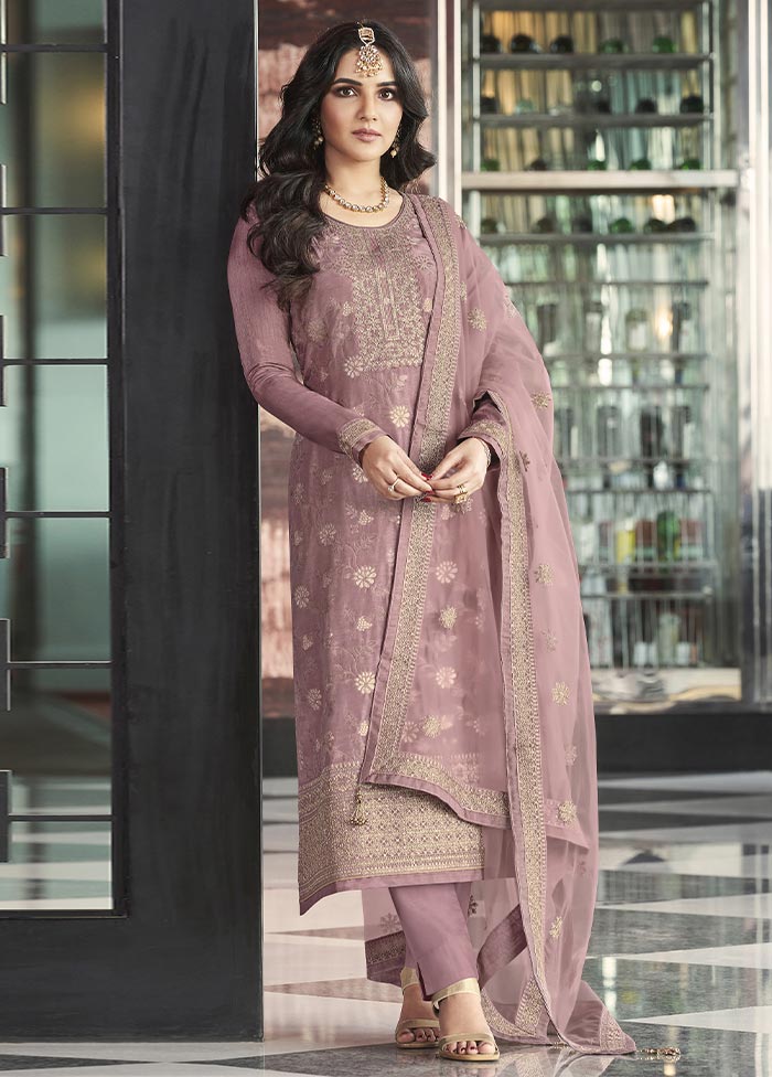 3 Pc Mauve Semi Stitched Silk Suit Set