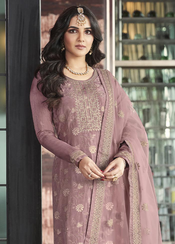 3 Pc Mauve Semi Stitched Silk Suit Set