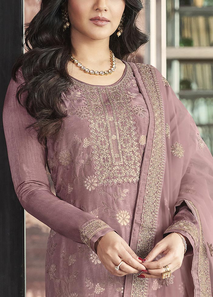 3 Pc Mauve Semi Stitched Silk Suit Set