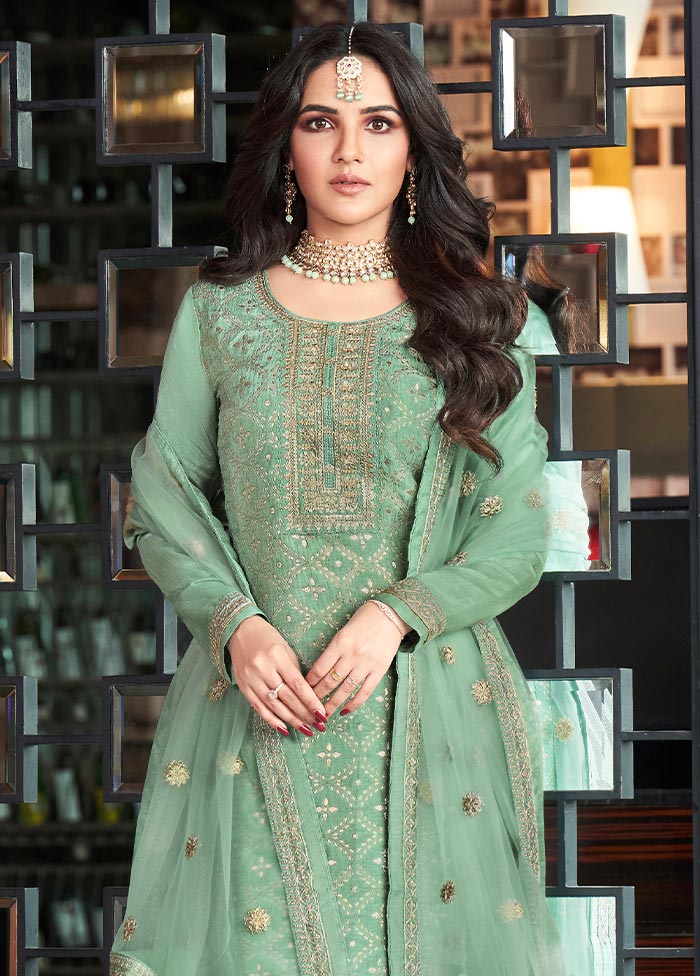 3 Pc Mint Green Semi Stitched Silk Suit Set