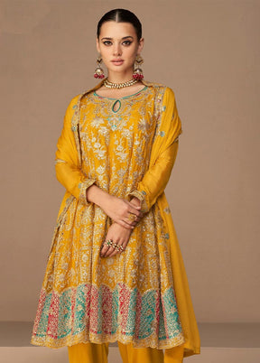 3 Pc Mustard Semi Stitched Georgette Suit Set