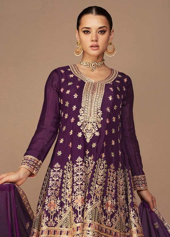 3 Pc Purple Semi Stitched Georgette Suit Set