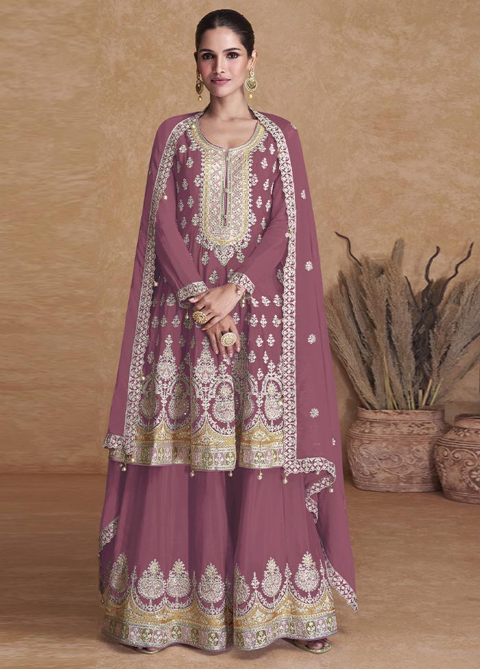 3 Pc Mauve Semi Stitched Georgette Suit Set