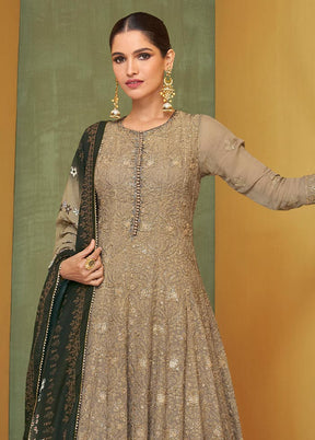 3 Pc Light Brown Semi Stitched Georgette Suit Set