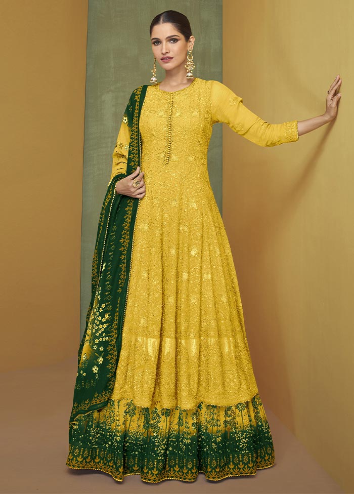 3 Pc Yellow Semi Stitched Georgette Suit Set