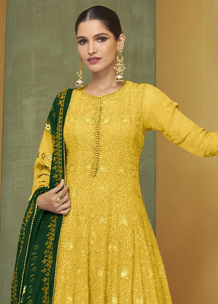 3 Pc Yellow Semi Stitched Georgette Suit Set