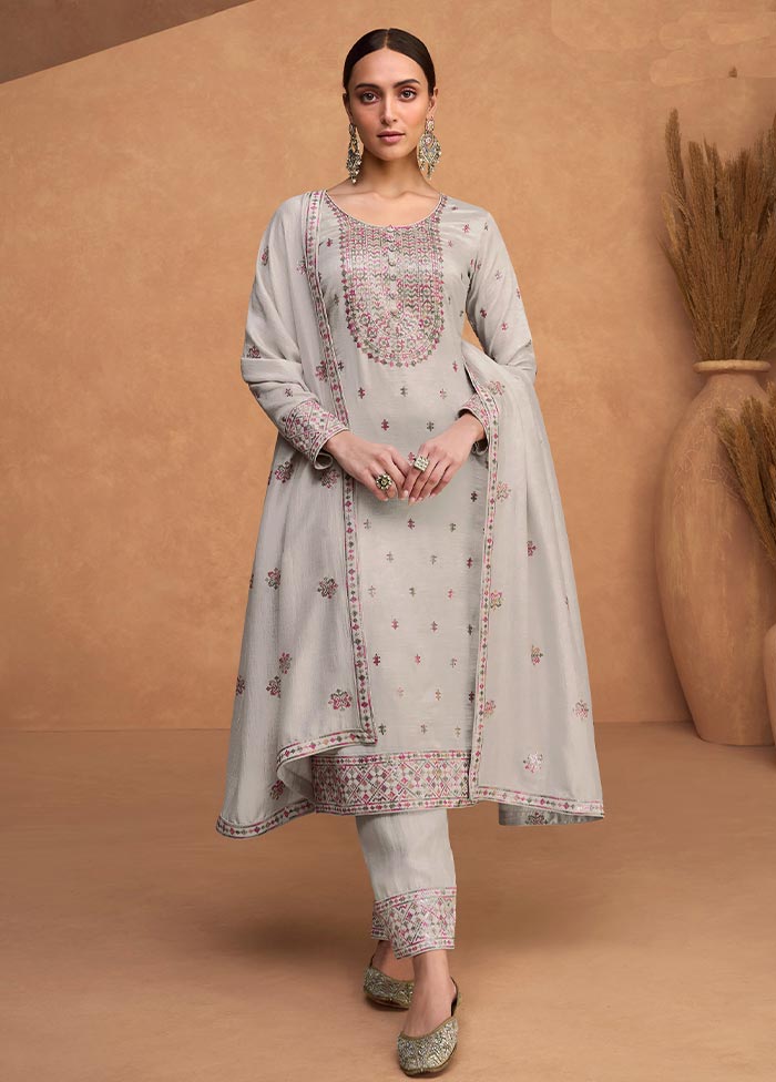 3 Pc Grey Semi Stitched Silk Suit Set