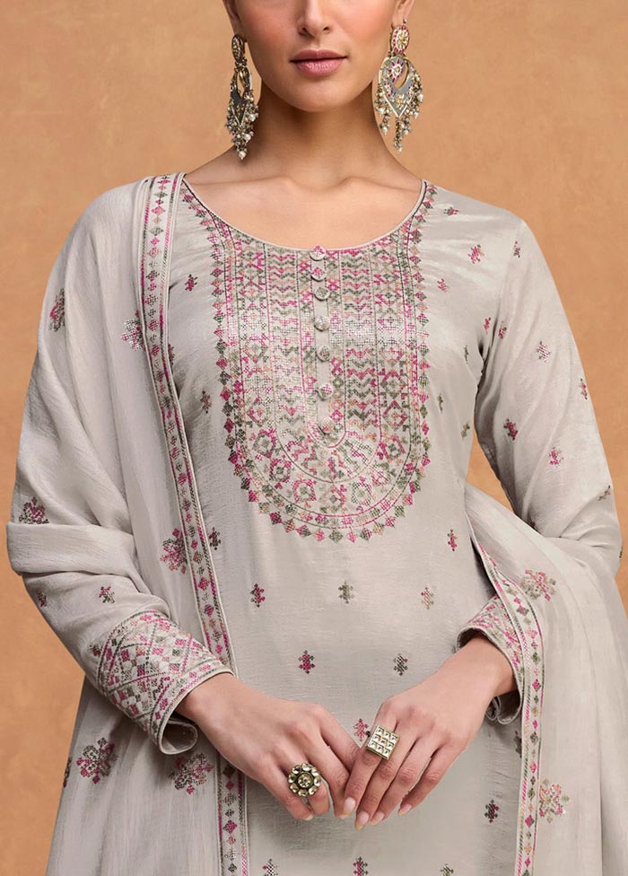 3 Pc Grey Semi Stitched Silk Suit Set