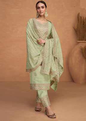 3 Pc Pista Green Semi Stitched Silk Suit Set