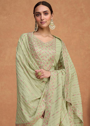 3 Pc Pista Green Semi Stitched Silk Suit Set