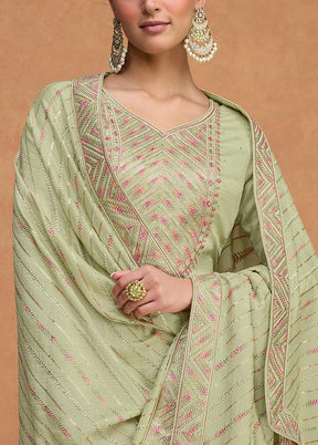 3 Pc Pista Green Semi Stitched Silk Suit Set