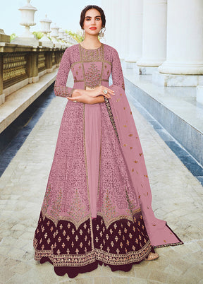 3 Pc Pink Semi Stitched Net Suit Set