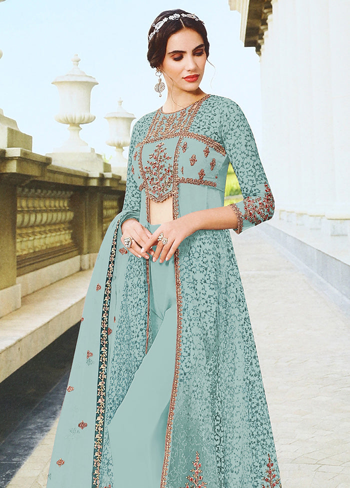 3 Pc Sky Blue Semi Stitched Net Suit Set