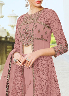 3 Pc Magenta Semi Stitched Net Suit Set