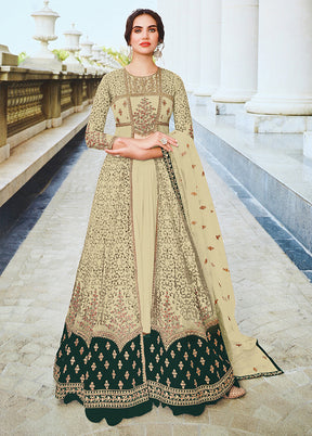 3 Pc Beige Semi Stitched Net Suit Set