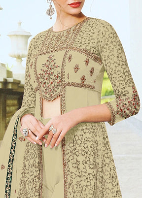 3 Pc Beige Semi Stitched Net Suit Set