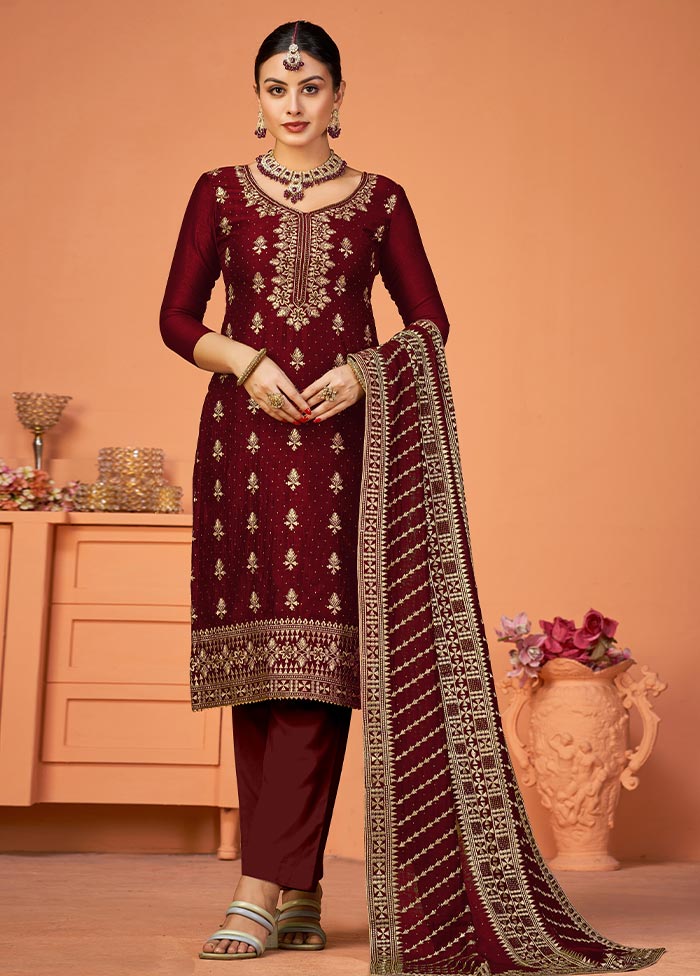 3 Pc Maroon Semi Stitched Georgette Suit Set