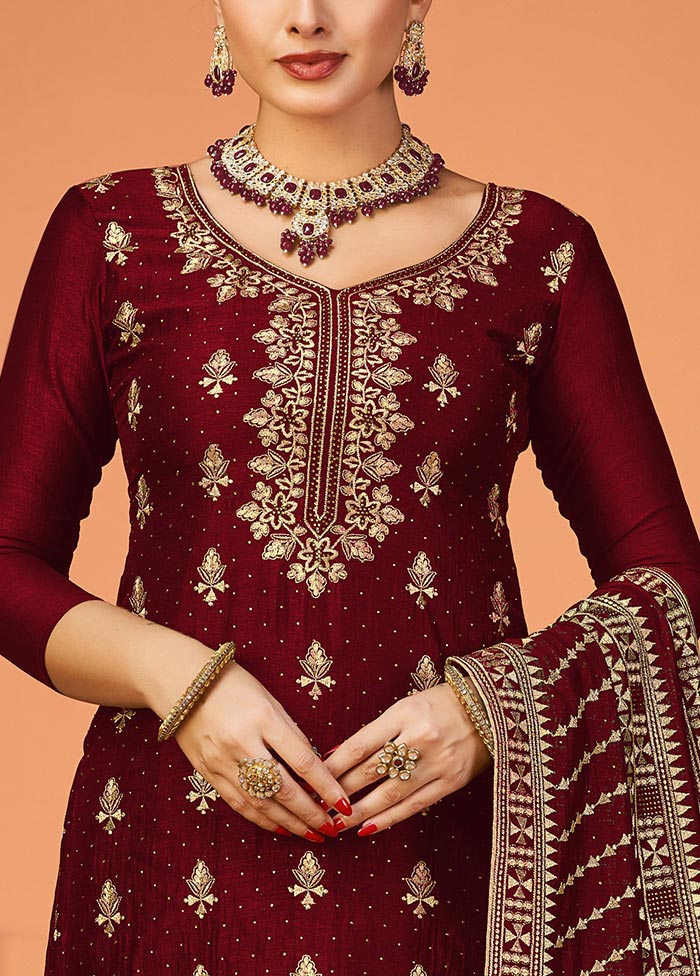 3 Pc Maroon Semi Stitched Georgette Suit Set