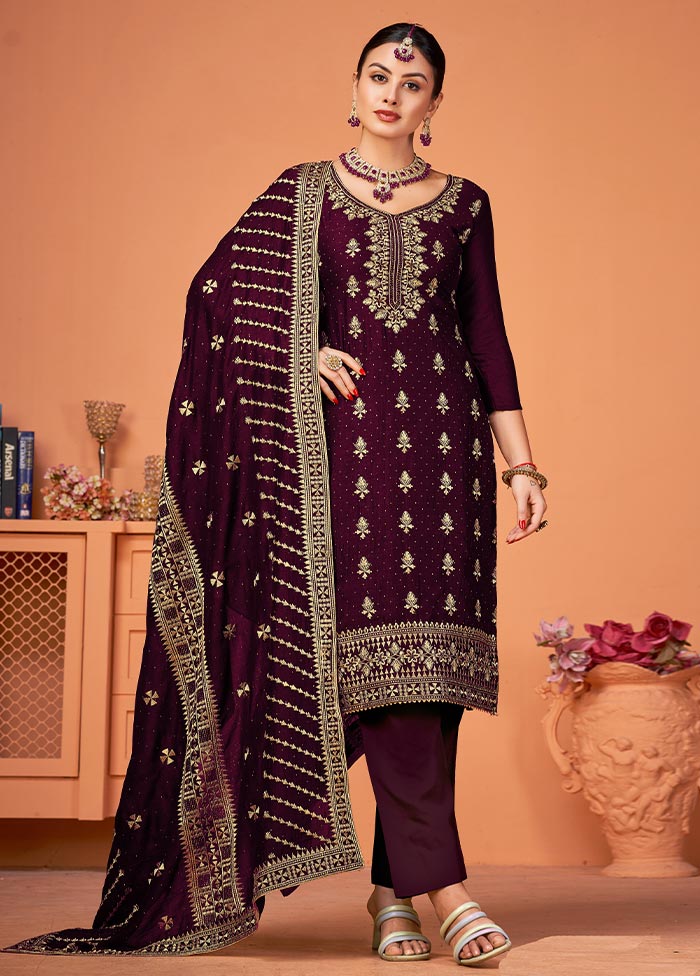 3 Pc Wine Semi Stitched Georgette Suit Set