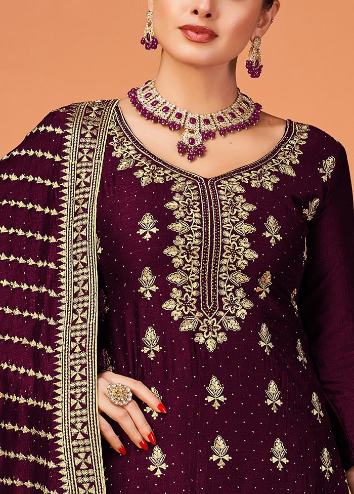 3 Pc Wine Semi Stitched Georgette Suit Set