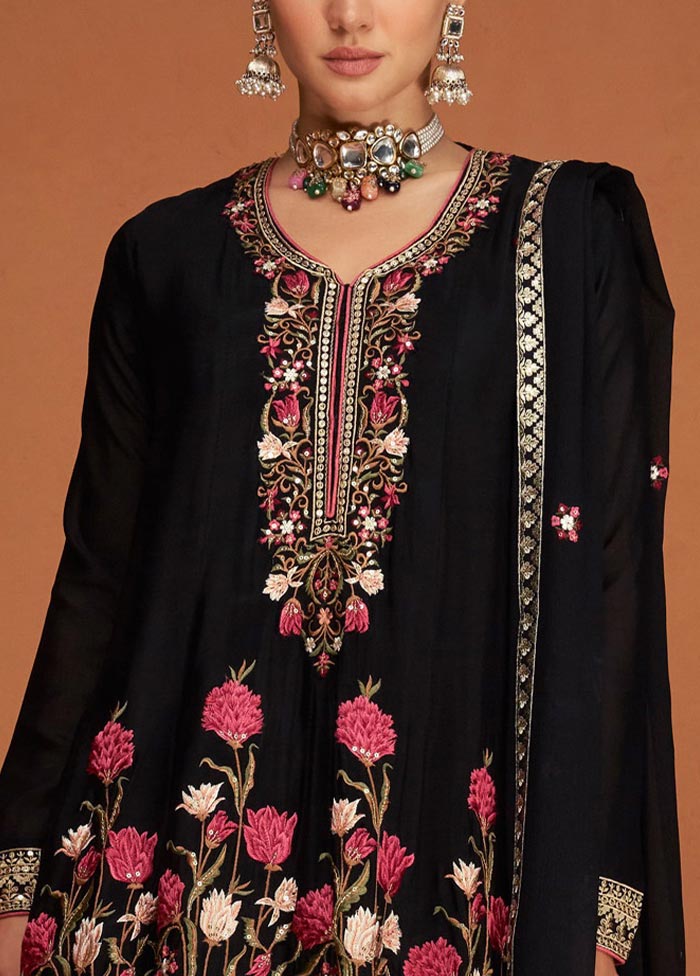 3 Pc Black Semi Stitched Georgette Suit Set