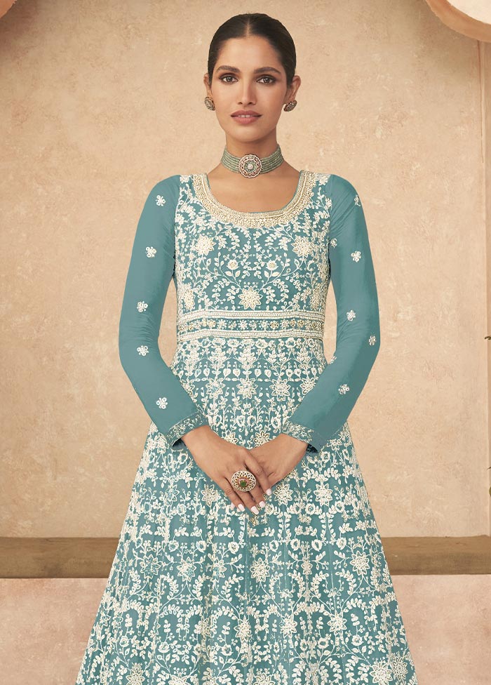 3 Pc Sky Blue Semi Stitched Georgette Suit Set