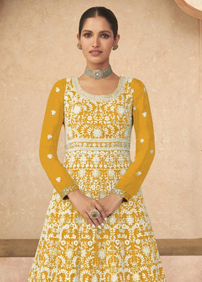 3 Pc Yellow Semi Stitched Georgette Suit Set