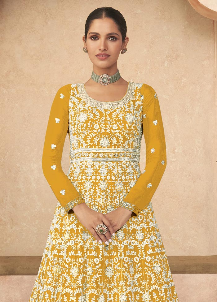 3 Pc Yellow Semi Stitched Georgette Suit Set