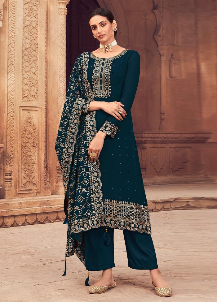 3 Pc Teal Semi Stitched Georgette Suit Set