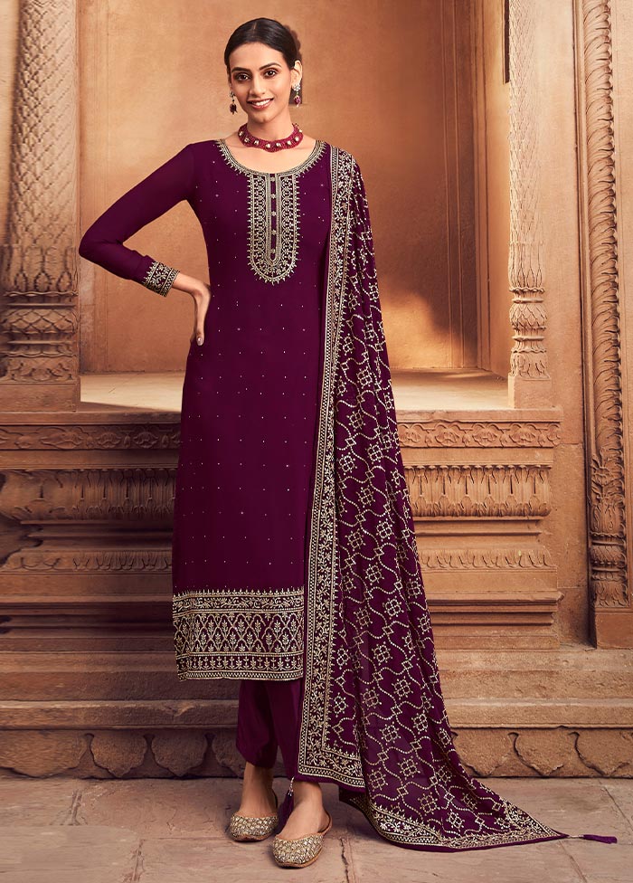 3 Pc Burgundy Semi Stitched Georgette Suit Set