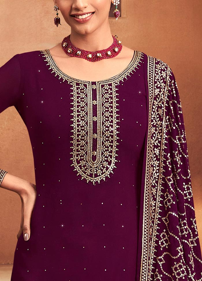 3 Pc Burgundy Semi Stitched Georgette Suit Set