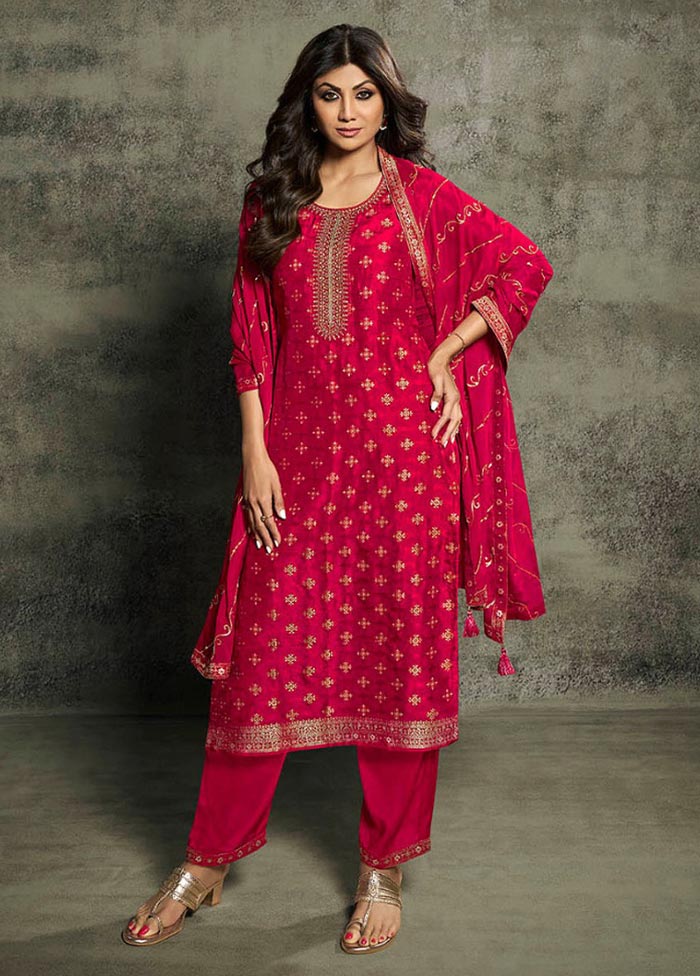 3 Pc Reddish Pink Semi Stitched Viscose Suit Set