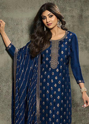 3 Pc Navy Blue Semi Stitched Viscose Suit Set