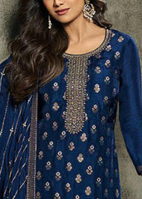 3 Pc Navy Blue Semi Stitched Viscose Suit Set