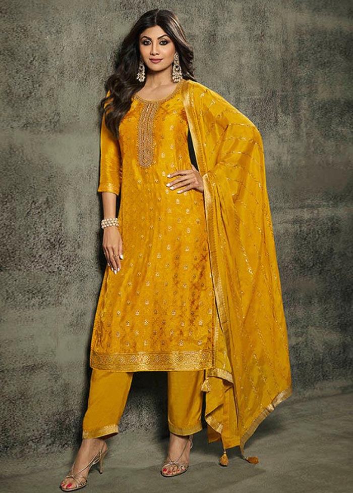 3 Pc Mustard Semi Stitched Viscose Suit Set