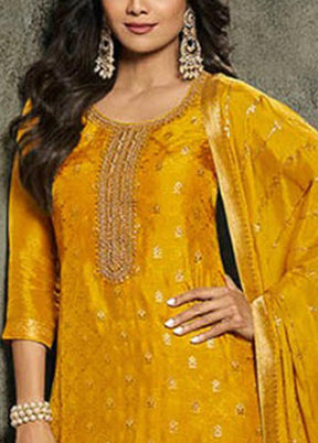 3 Pc Mustard Semi Stitched Viscose Suit Set