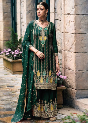 3 Pc Green Semi Stitched Silk Suit Set