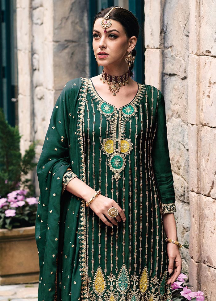 3 Pc Green Semi Stitched Silk Suit Set