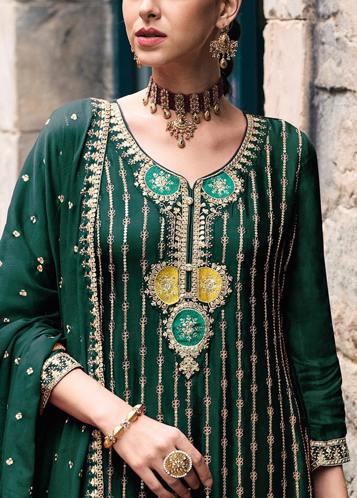 3 Pc Green Semi Stitched Silk Suit Set