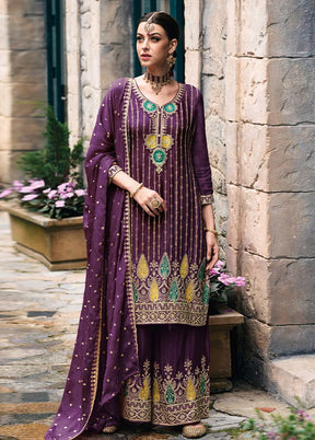 3 Pc Purple Semi Stitched Silk Suit Set