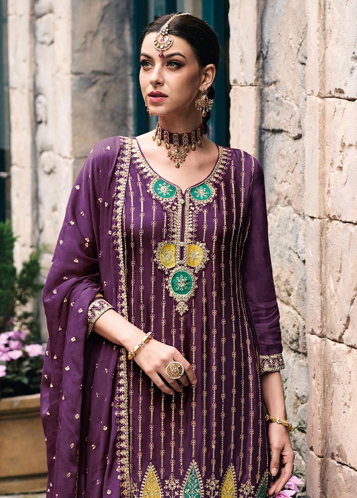 3 Pc Purple Semi Stitched Silk Suit Set