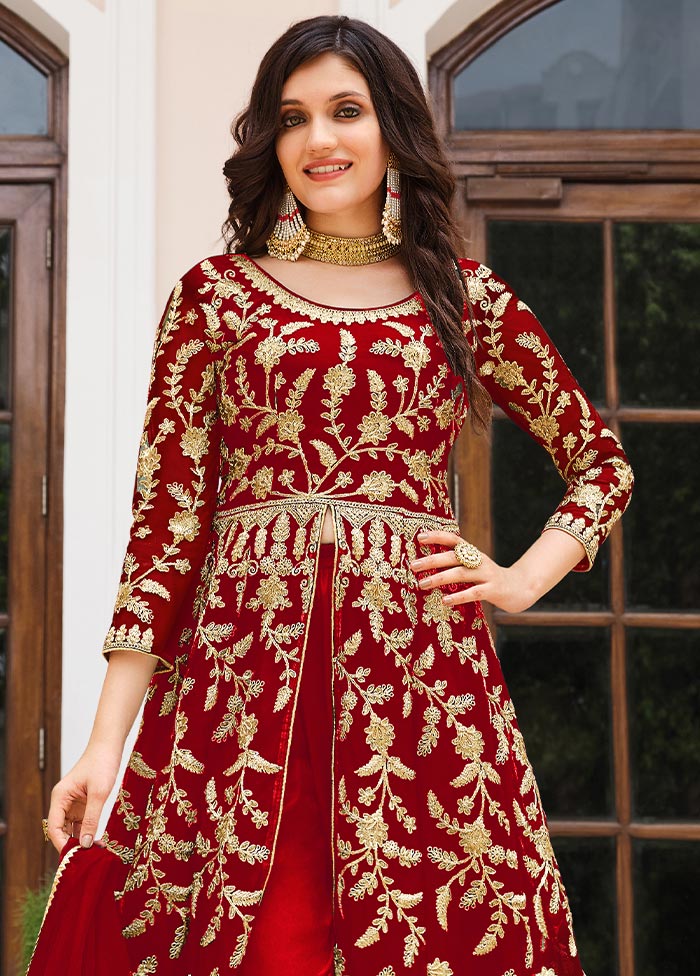 3 Pc Red Semi Stitched Net Suit Set