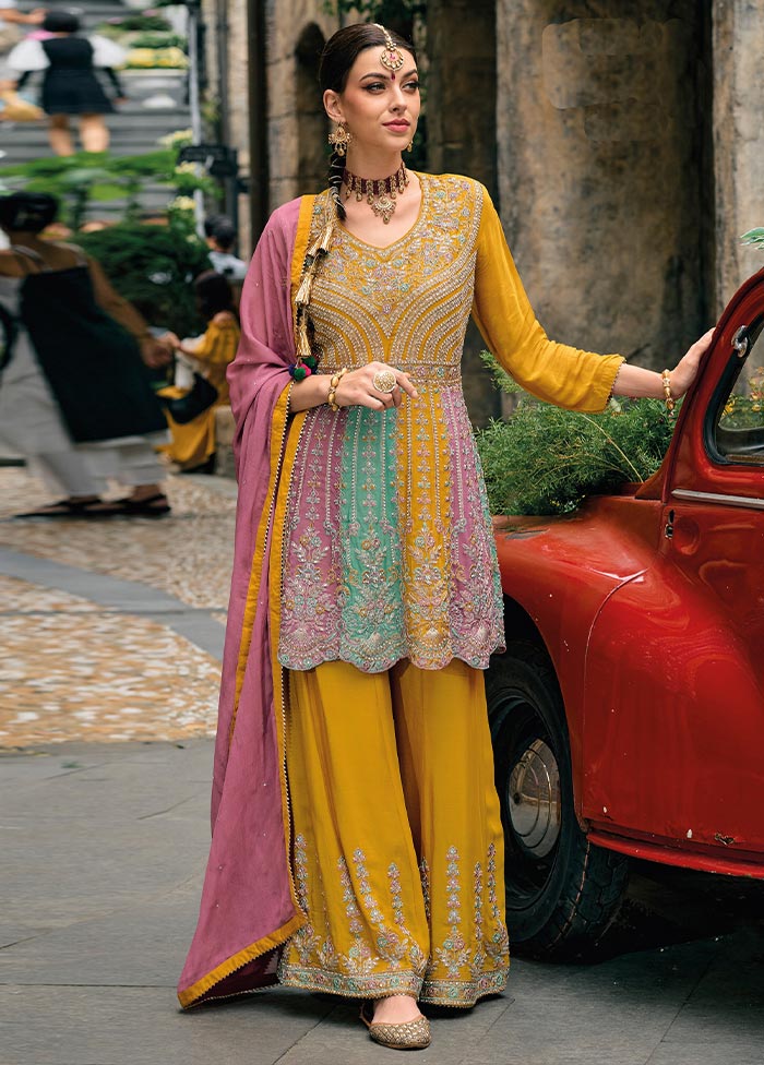 3 Pc Multicolor Semi Stitched Silk Suit Set